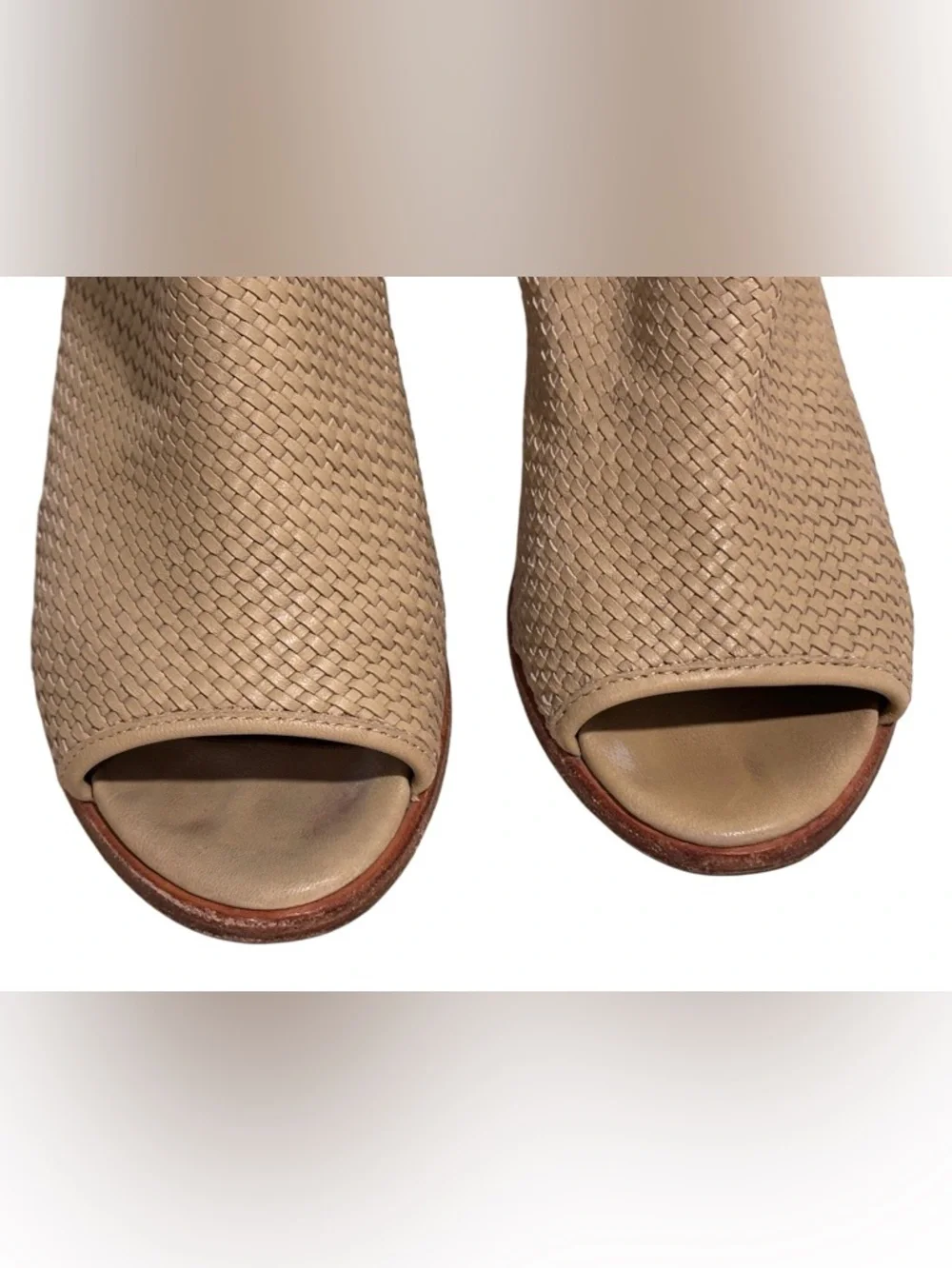Frye Dani Woven Shield Leather Block Heel Peep Toe Sandals - Tan/Cream/Beige 8.5